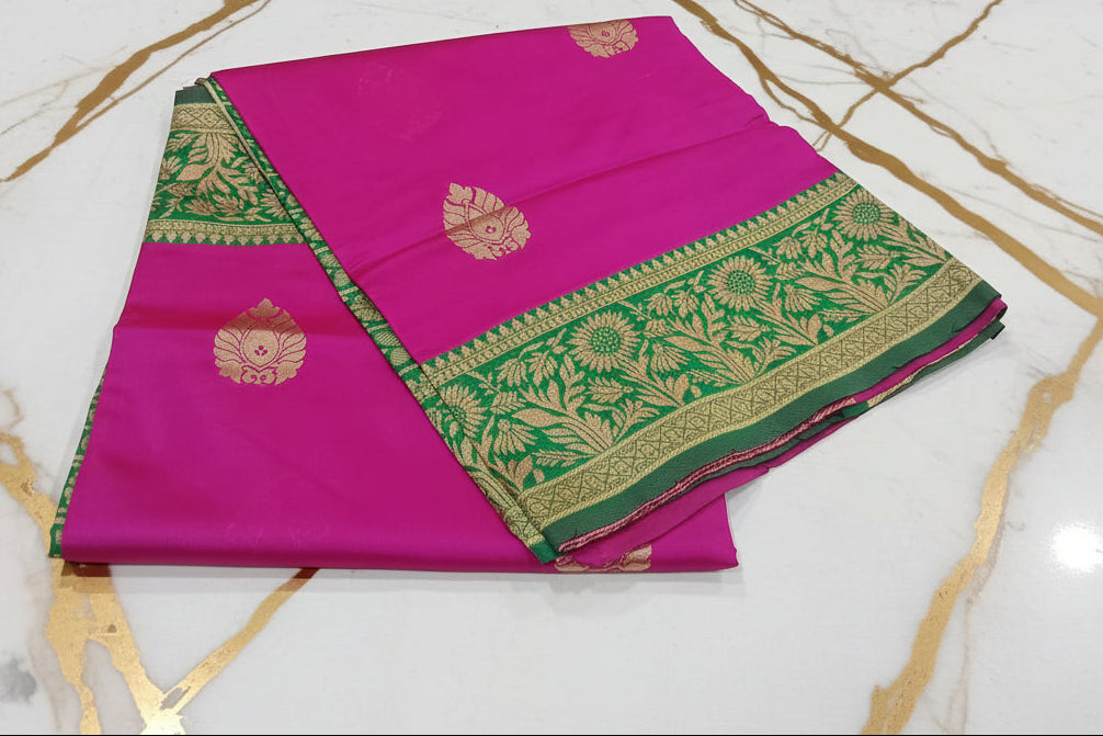 Silk Georgette saree with beautiful buttas , flowy drape elegant light weight Silk blend saree in  Pink with contrast Green Border
