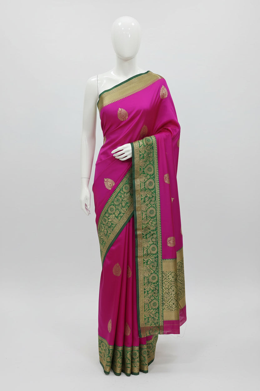 Silk Georgette saree with beautiful buttas , flowy drape elegant light weight Silk blend saree in  Pink with contrast Green Border