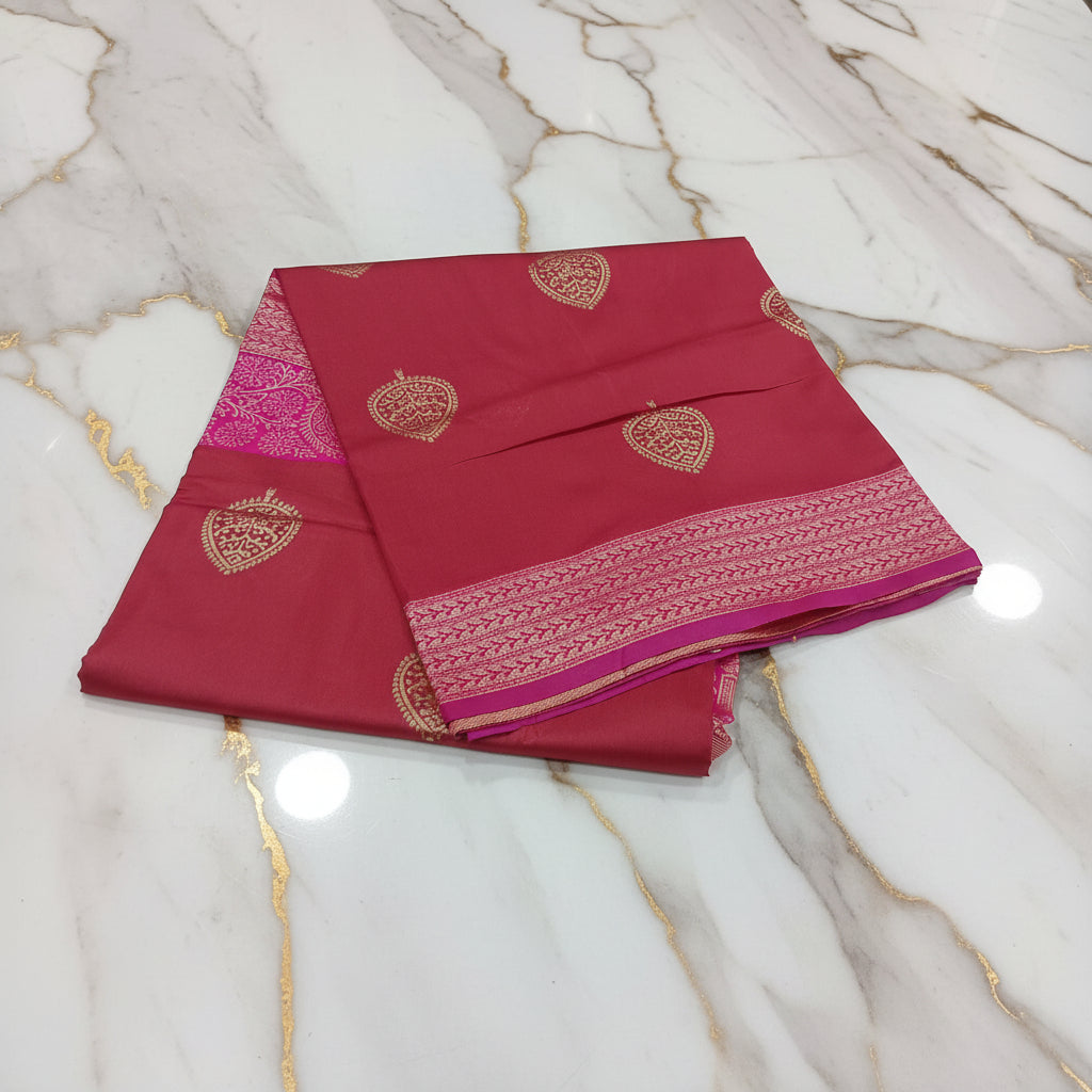 Silk Georgette saree with beautiful buttas , flowy drape elegant light weight Silk blend saree in Maroon Red with Pink border