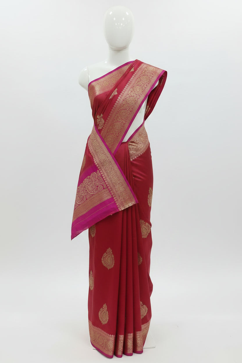 Silk Georgette saree with beautiful buttas , flowy drape elegant light weight Silk blend saree in Maroon Red with Pink border