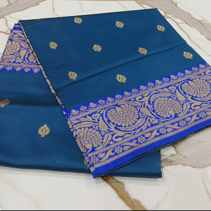 Silk Georgette saree with beautiful buttas , flowy drape elegant light weight Silk blend saree in Blue with Royal Blue border