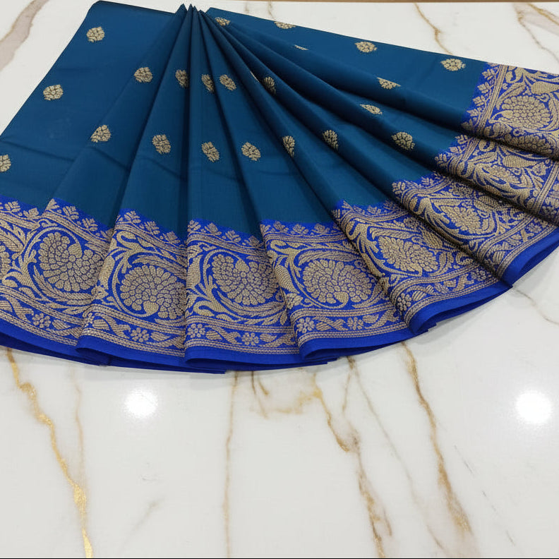 Silk Georgette saree with beautiful buttas , flowy drape elegant light weight Silk blend saree in Blue with Royal Blue border