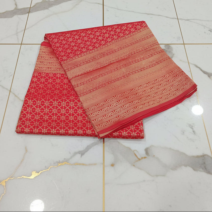 Silk Georgette saree with beautiful buttas , flowy drape elegant light weight Pattu Silk saree in Red Gold color