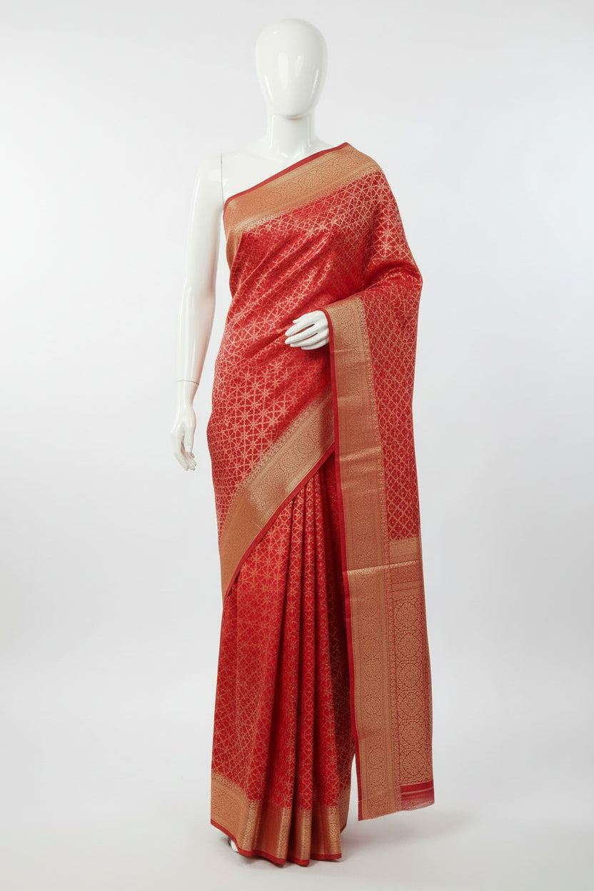 Silk Georgette saree with beautiful buttas , flowy drape elegant light weight Pattu Silk saree in Red Gold color
