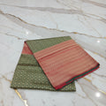 Silk Georgette saree with beautiful buttas , flowy drape elegant light weight Pattu Silk saree in Leaf Green with Contrast Red Border