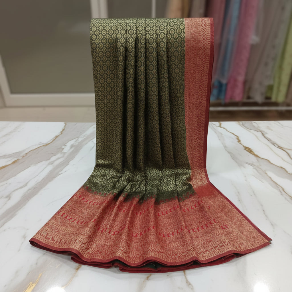 Silk Georgette saree with beautiful buttas , flowy drape elegant light weight Pattu Silk saree in Leaf Green with Contrast Red Border