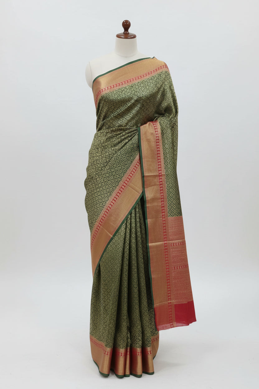 Silk Georgette saree with beautiful buttas , flowy drape elegant light weight Pattu Silk saree in Leaf Green with Contrast Red Border
