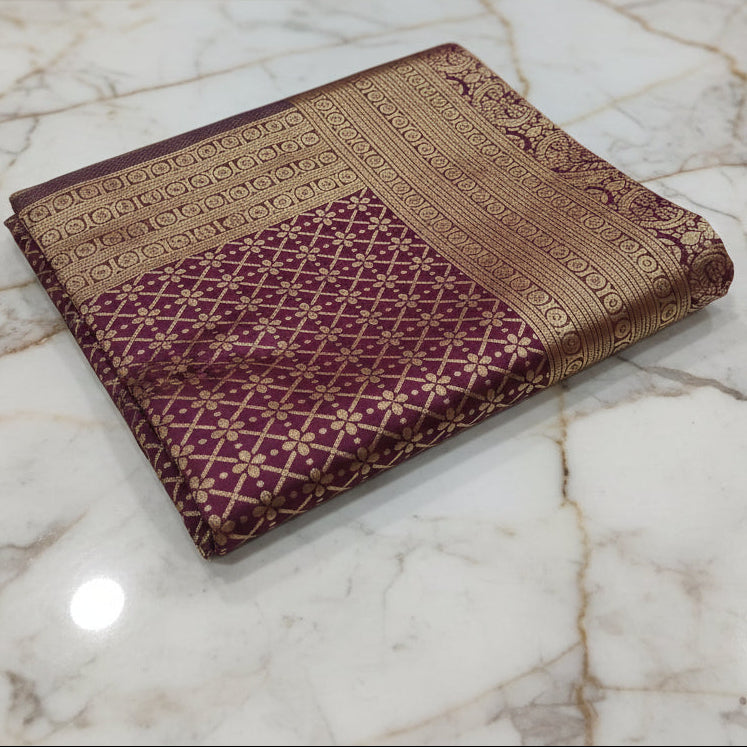 Silk Georgette saree with beautiful buttas , flowy drape elegant light weight Pattu Silk saree in Burgundy Color