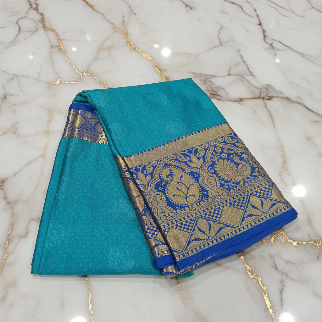 Silk Georgette saree with beautiful Border, flowy drape elegant light weight Silk blend saree in Blue color with gold border