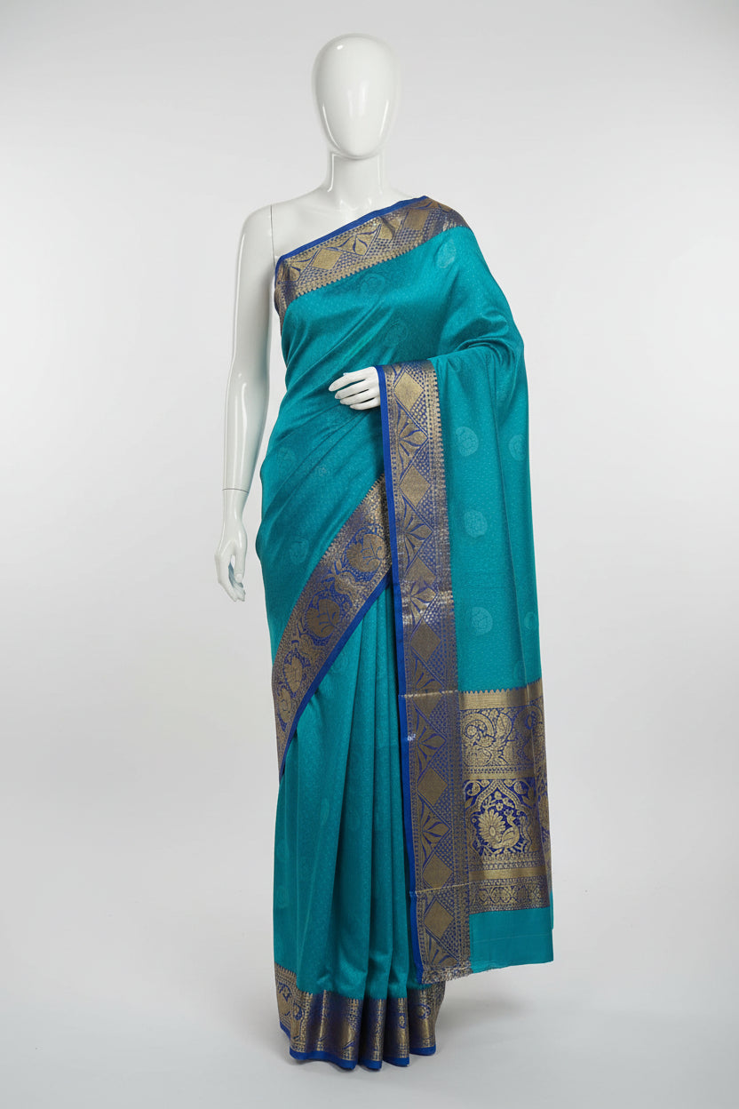 Silk Georgette saree with beautiful Border, flowy drape elegant light weight Silk blend saree in Blue color with gold border