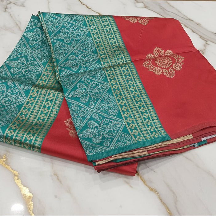 Silk Georgette borderless saree with beautiful buttas ,flowy drape elegant light weight Silk blend saree in  Red with Aqua Green blue Pallu