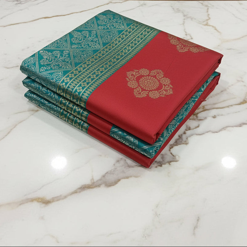 Silk Georgette borderless saree with beautiful buttas ,flowy drape elegant light weight Silk blend saree in  Red with Aqua Green blue Pallu