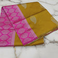 Silk Georgette borderless saree with beautiful buttas ,flowy drape elegant light weight Silk blend saree in  Yellow with Pink Pallu