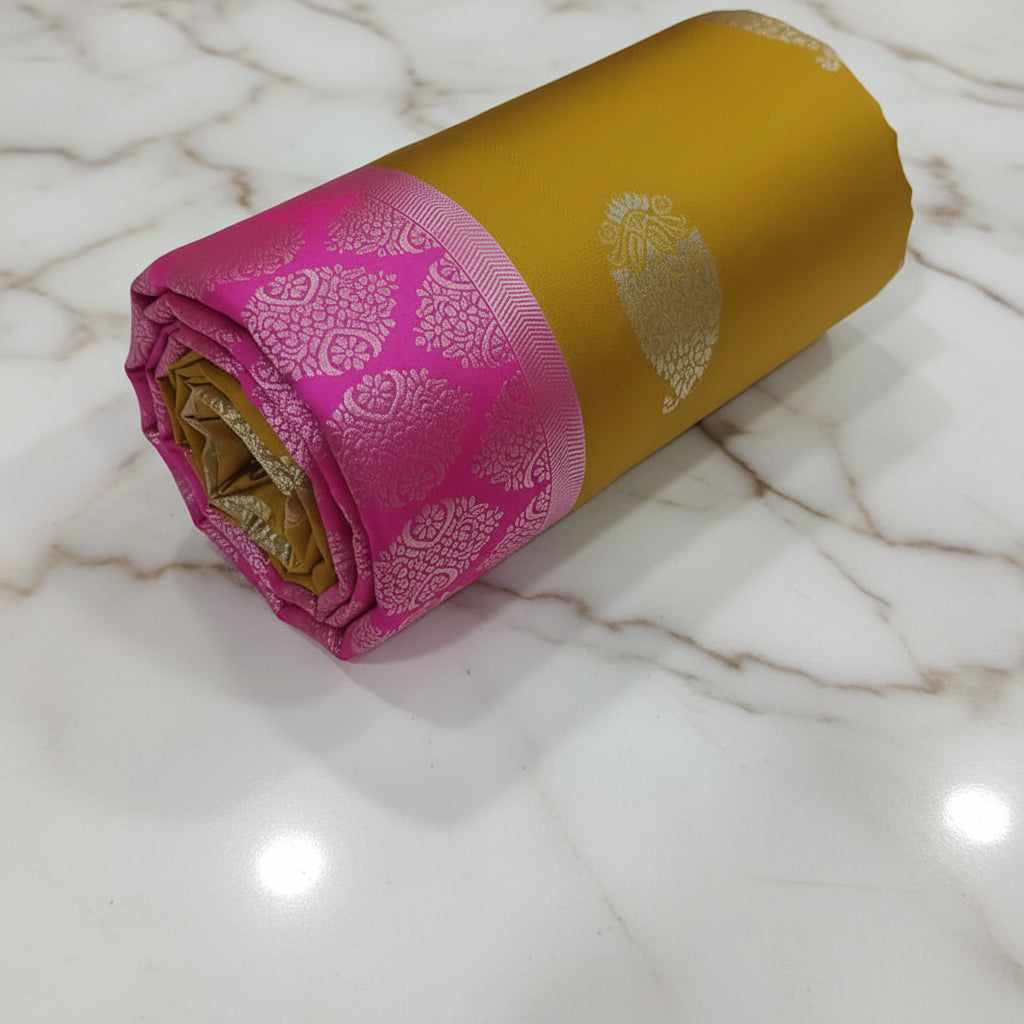 Silk Georgette borderless saree with beautiful buttas ,flowy drape elegant light weight Silk blend saree in  Yellow with Pink Pallu