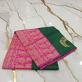 Silk Georgette borderless saree with beautiful buttas ,flowy drape elegant light weight Silk blend saree in Dark Green with Pink Pallu