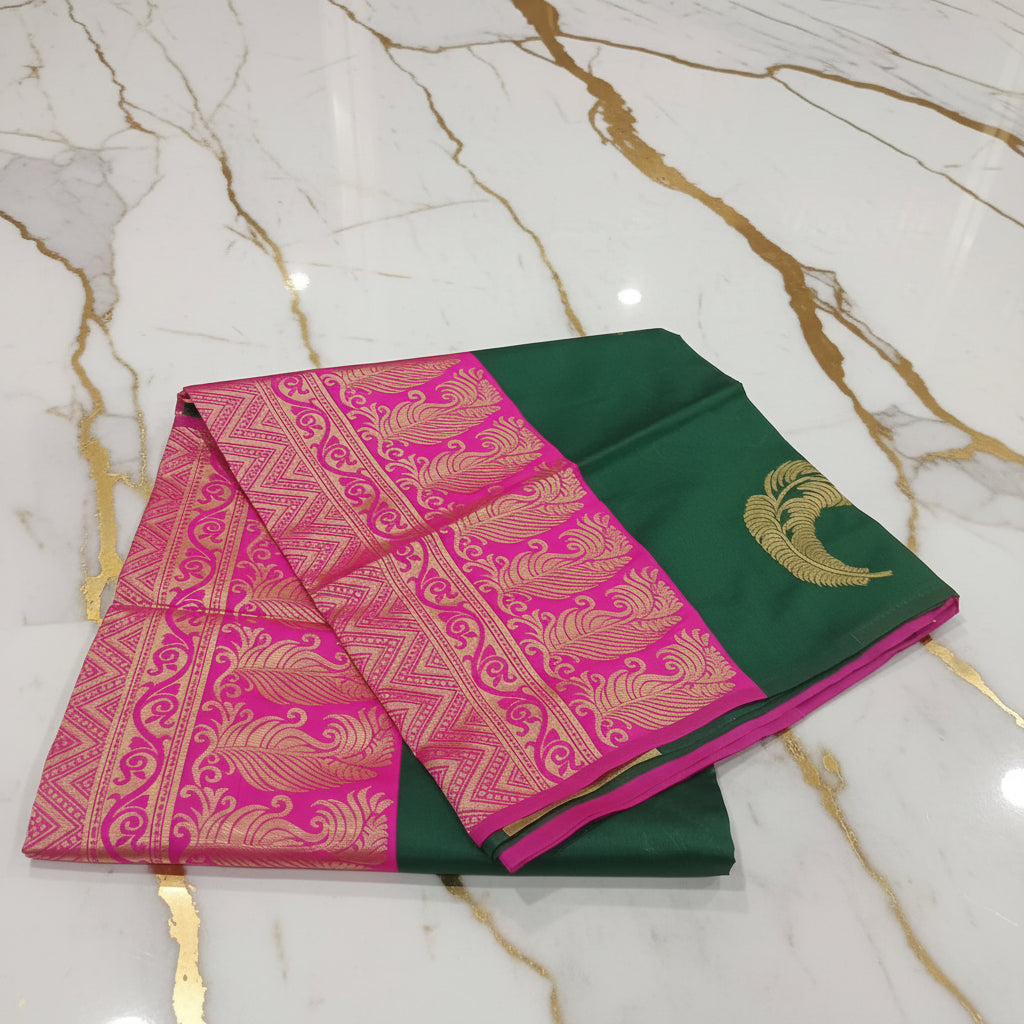 Silk Georgette borderless saree with beautiful buttas ,flowy drape elegant light weight Silk blend saree in Dark Green with Pink Pallu