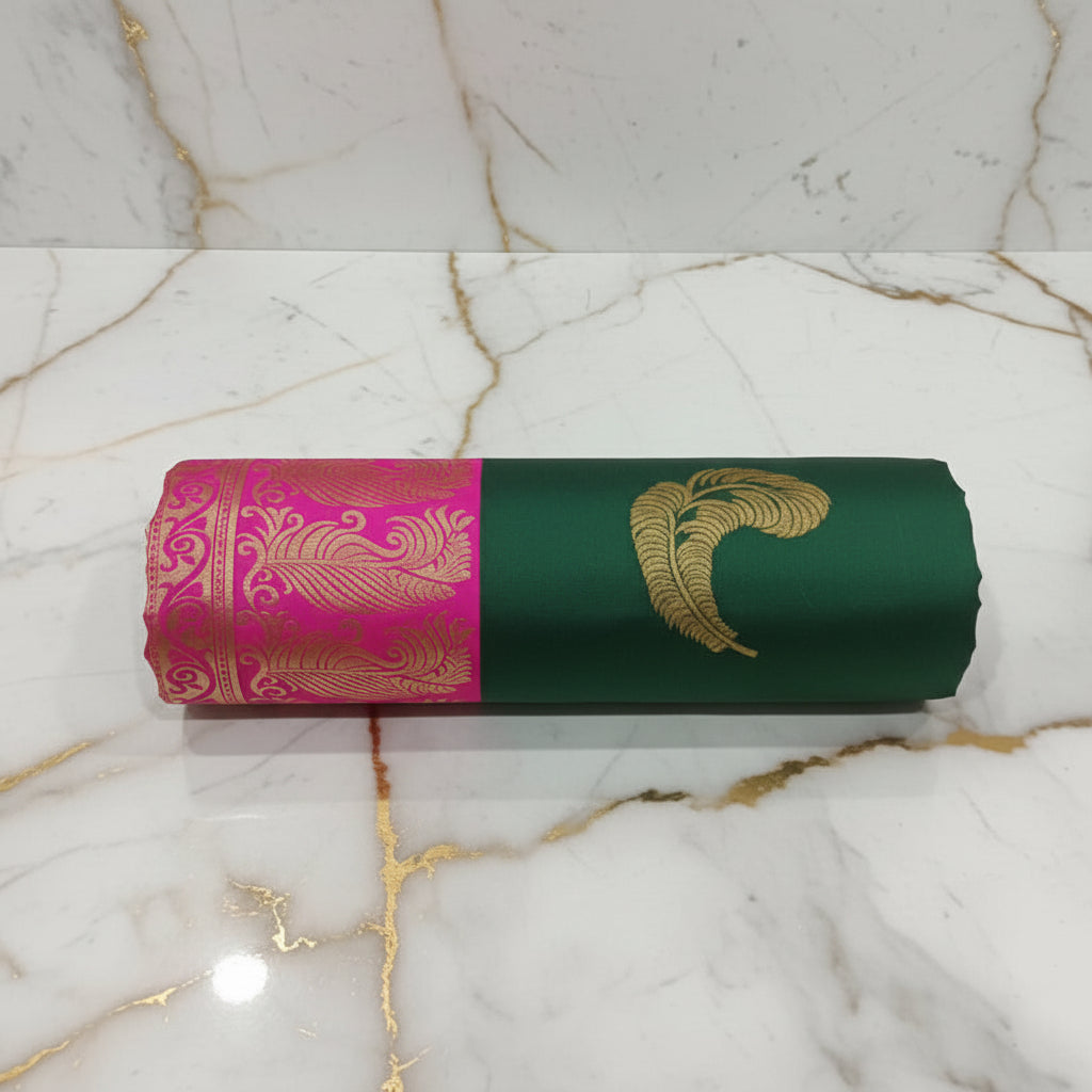Silk Georgette borderless saree with beautiful buttas ,flowy drape elegant light weight Silk blend saree in Dark Green with Pink Pallu