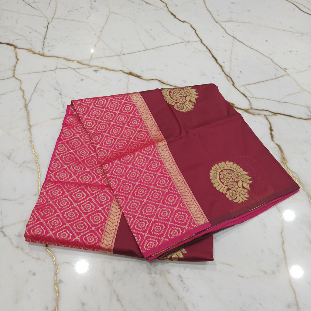 Silk Georgette borderless saree with beautiful buttas ,flowy drape elegant light weight Silk blend saree in  Maroon Red with Pink contrast pallu
