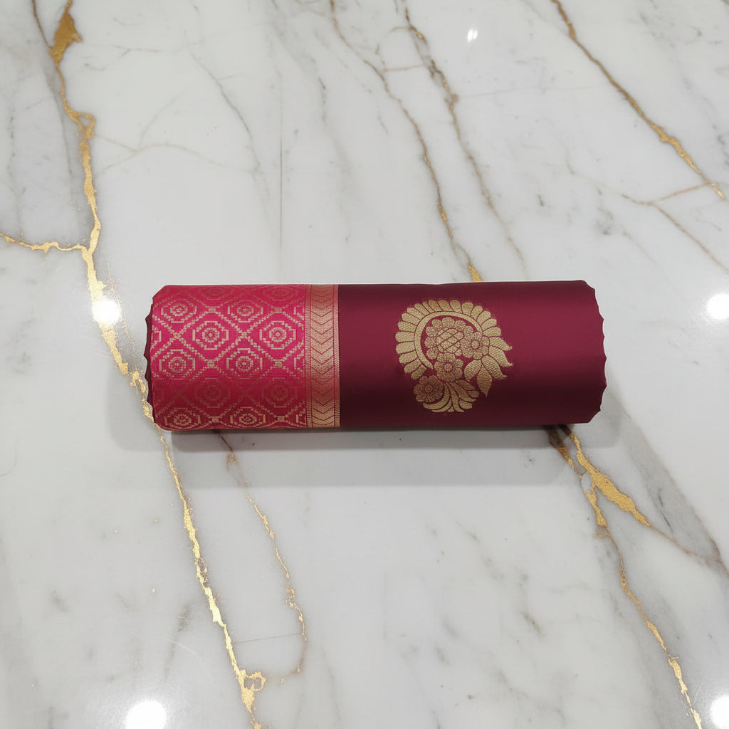 Silk Georgette borderless saree with beautiful buttas ,flowy drape elegant light weight Silk blend saree in  Maroon Red with Pink contrast pallu