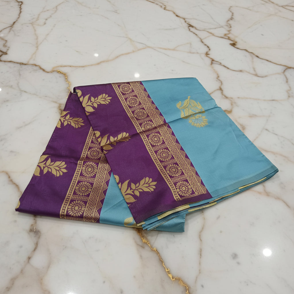 Silk Georgette borderless saree with beautiful buttas ,flowy drape elegant light weight Silk blend saree in Sky Blue with Purple Pallu