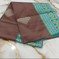 Silk Georgette borderless saree with beautiful buttas ,flowy drape elegant light weight Silk blend saree in Brown with Aqua Green Blue Pallu