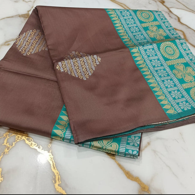 Silk Georgette borderless saree with beautiful buttas ,flowy drape elegant light weight Silk blend saree in Brown with Aqua Green Blue Pallu
