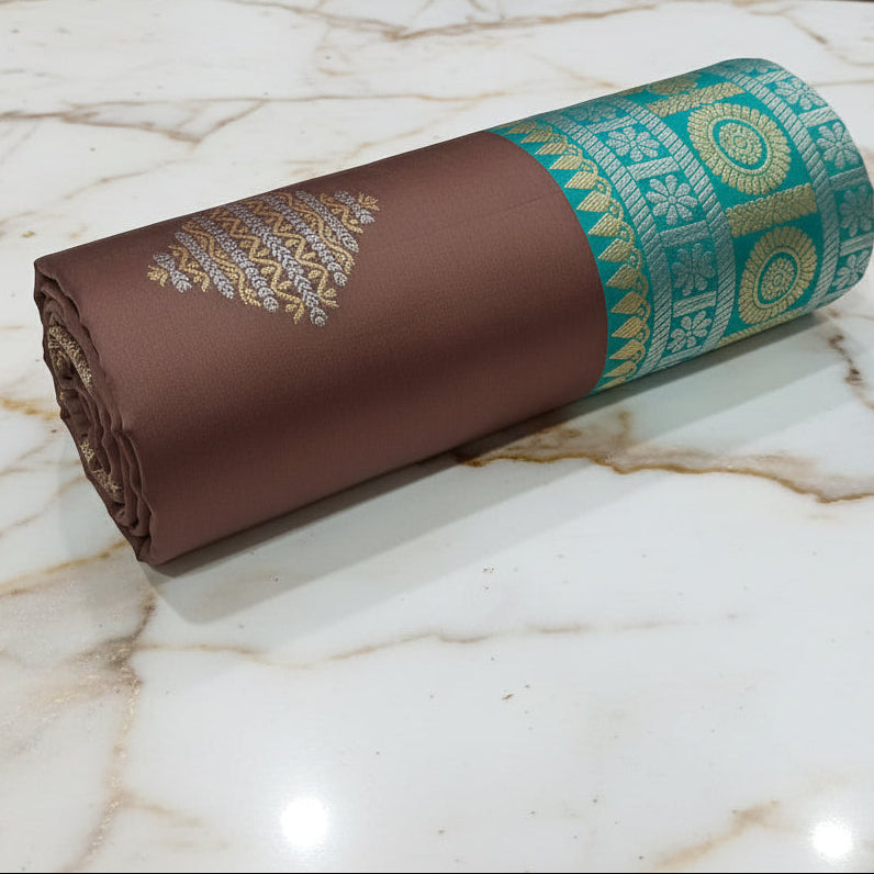 Silk Georgette borderless saree with beautiful buttas ,flowy drape elegant light weight Silk blend saree in Brown with Aqua Green Blue Pallu