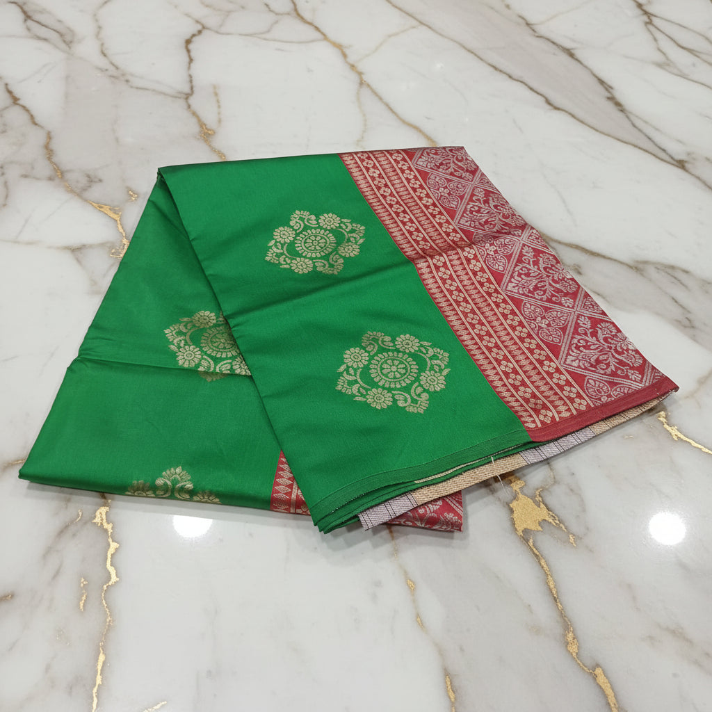 Silk Georgette borderless saree with beautiful buttas ,flowy drape elegant light weight Silk blend saree in Fresh Green with Red Pallu