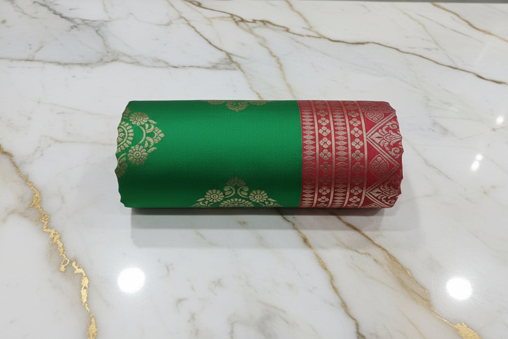 Silk Georgette borderless saree with beautiful buttas ,flowy drape elegant light weight Silk blend saree in Fresh Green with Red Pallu