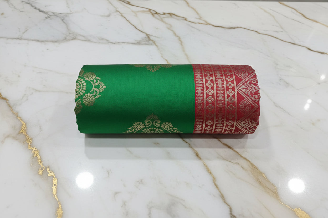 Silk Georgette borderless saree with beautiful buttas ,flowy drape elegant light weight Silk blend saree in Fresh Green with Red Pallu