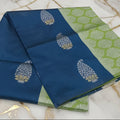 Silk Georgette borderless saree with beautiful buttas ,flowy drape elegant light weight Silk blend saree in Blue with Green contrast Pallu