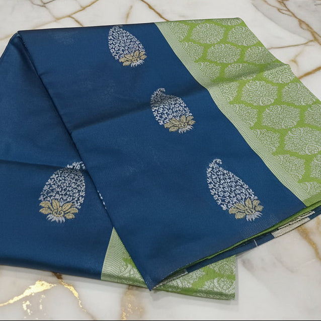 Silk Georgette borderless saree with beautiful buttas ,flowy drape elegant light weight Silk blend saree in Blue with Green contrast Pallu