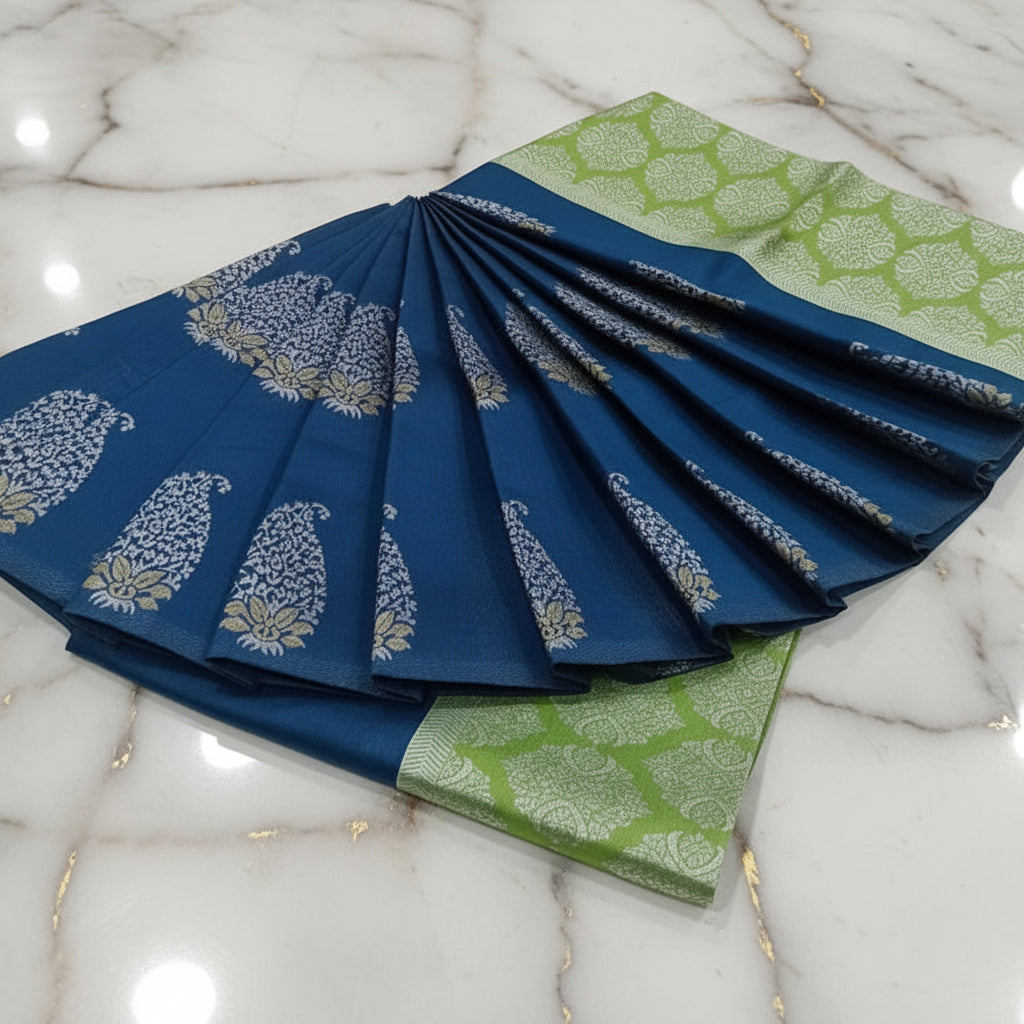 Silk Georgette borderless saree with beautiful buttas ,flowy drape elegant light weight Silk blend saree in Blue with Green contrast Pallu