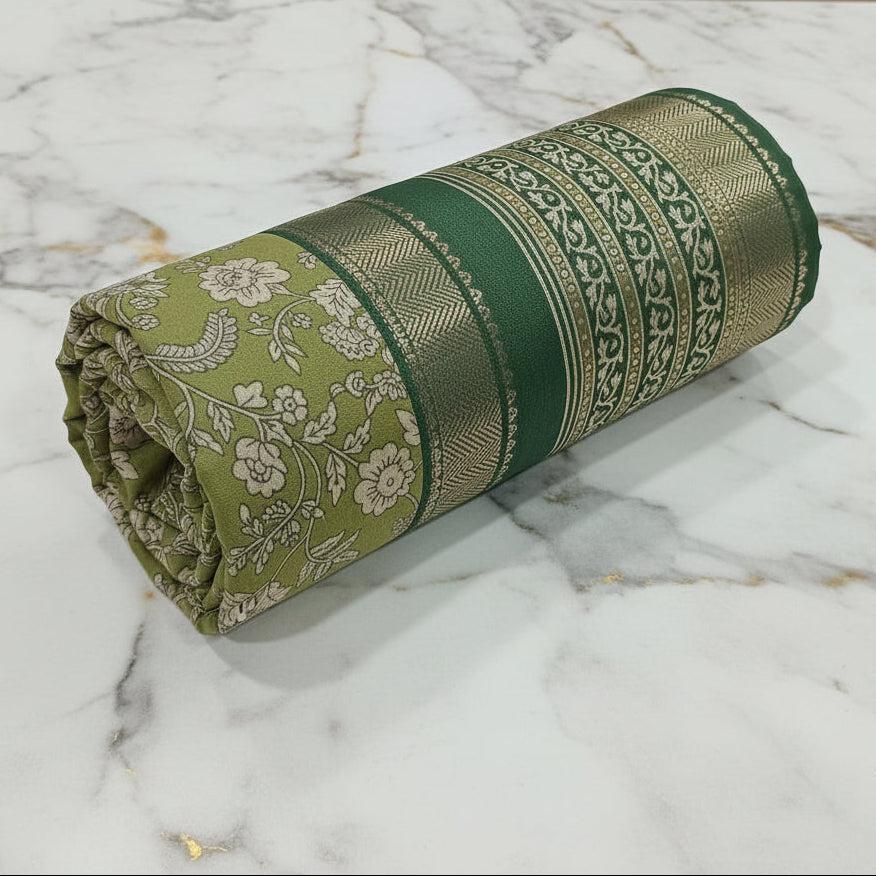 Silk Georgette borderless saree with Printed Buttas ,flowy drape elegant light weight Silk blend saree in Green Floral Color