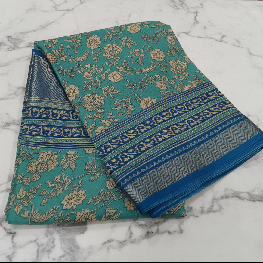 Silk Georgette borderless saree with Printed Buttas ,flowy drape elegant light weight Silk blend saree in Aqua Blue Floral Color
