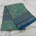 Silk Georgette borderless saree with Printed Buttas ,flowy drape elegant light weight Silk blend saree in Aqua Blue Floral Color