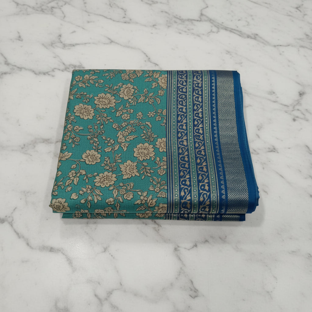 Silk Georgette borderless saree with Printed Buttas ,flowy drape elegant light weight Silk blend saree in Aqua Blue Floral Color