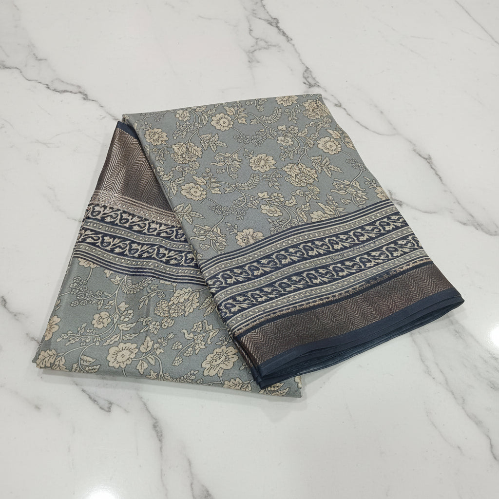 Silk Georgette borderless saree with Printed Buttas ,flowy drape elegant light weight Silk blend saree in Grey Floral Color