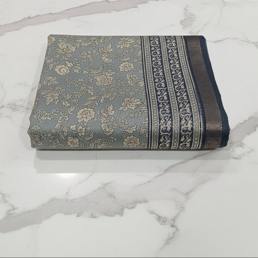 Silk Georgette borderless saree with Printed Buttas ,flowy drape elegant light weight Silk blend saree in Grey Floral Color