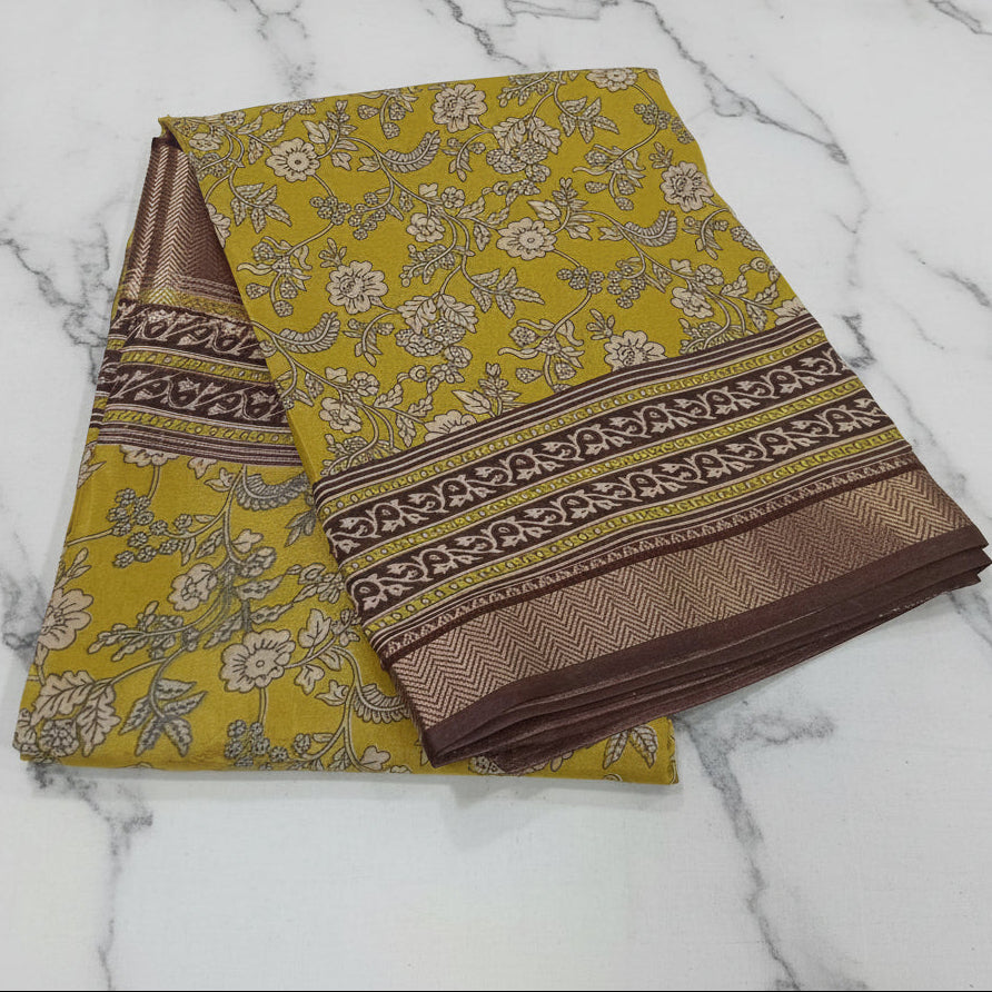 Silk Georgette borderless saree with Printed Buttas ,flowy drape elegant light weight Silk blend saree in Yellow Floral Color