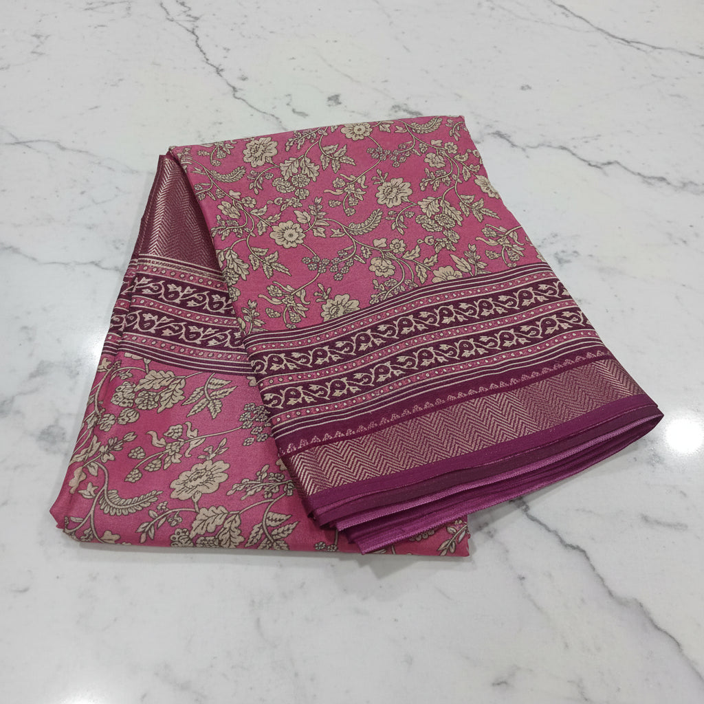 Silk Georgette borderless saree with Printed Buttas ,flowy drape elegant light weight Silk blend saree in Pink Floral Color