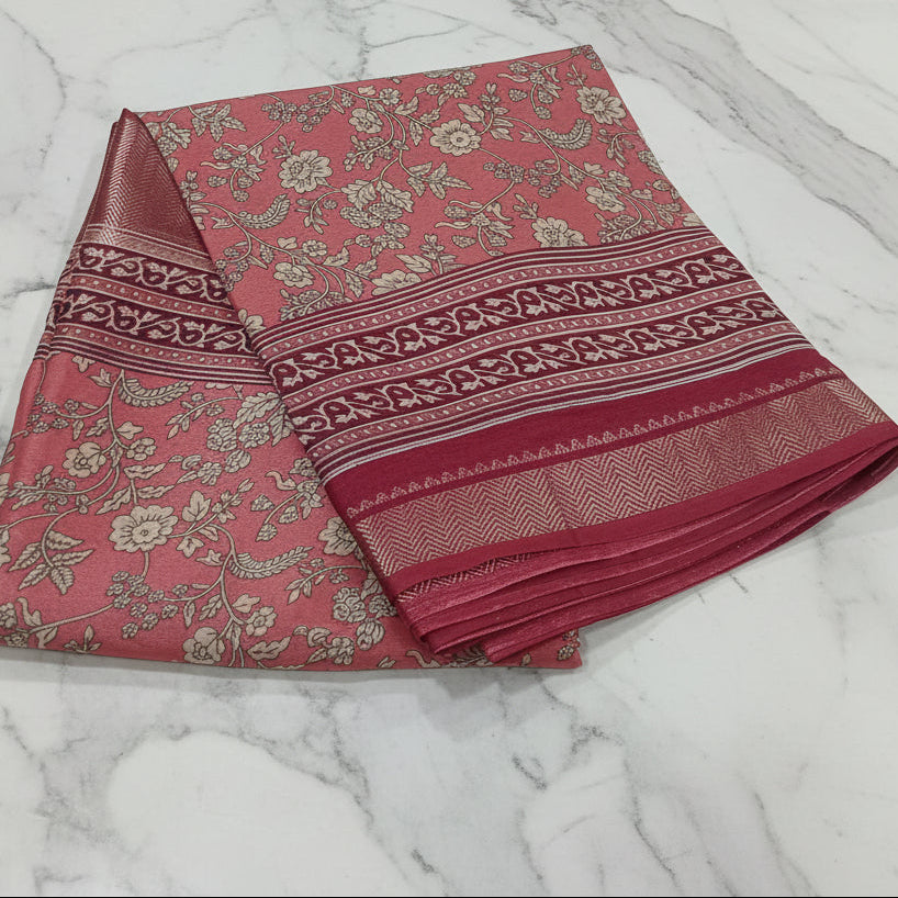 Silk Georgette borderless saree with Printed Buttas ,flowy drape elegant light weight Silk blend saree in Peach Floral Color