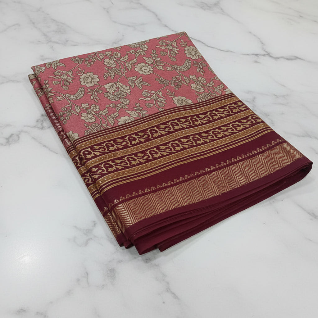 Silk Georgette borderless saree with Printed Buttas ,flowy drape elegant light weight Silk blend saree in Peach Floral Color