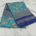 Silk Georgette borderless saree with Printed Buttas ,flowy drape elegant light weight Silk blend saree in Blue Floral Color