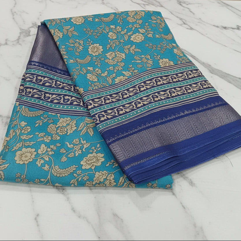 Silk Georgette borderless saree with Printed Buttas ,flowy drape elegant light weight Silk blend saree in Blue Floral Color