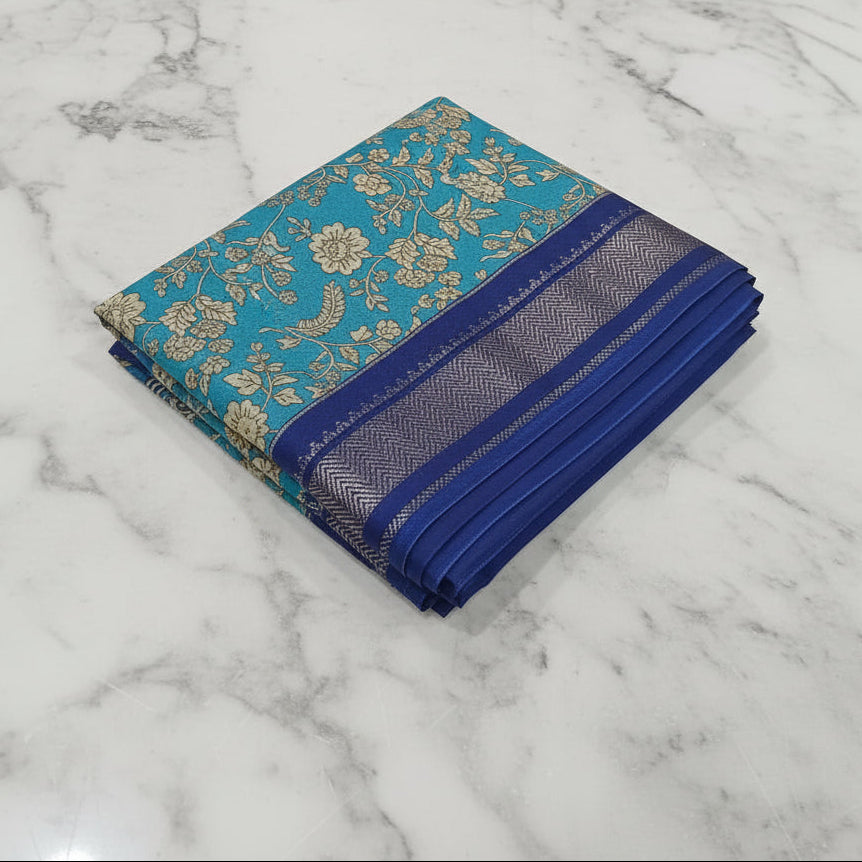 Silk Georgette borderless saree with Printed Buttas ,flowy drape elegant light weight Silk blend saree in Blue Floral Color