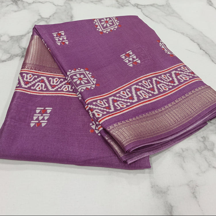 Silk Georgette borderless saree with Printed Buttas ,flowy drape elegant light weight Silk blend saree in Purple Color