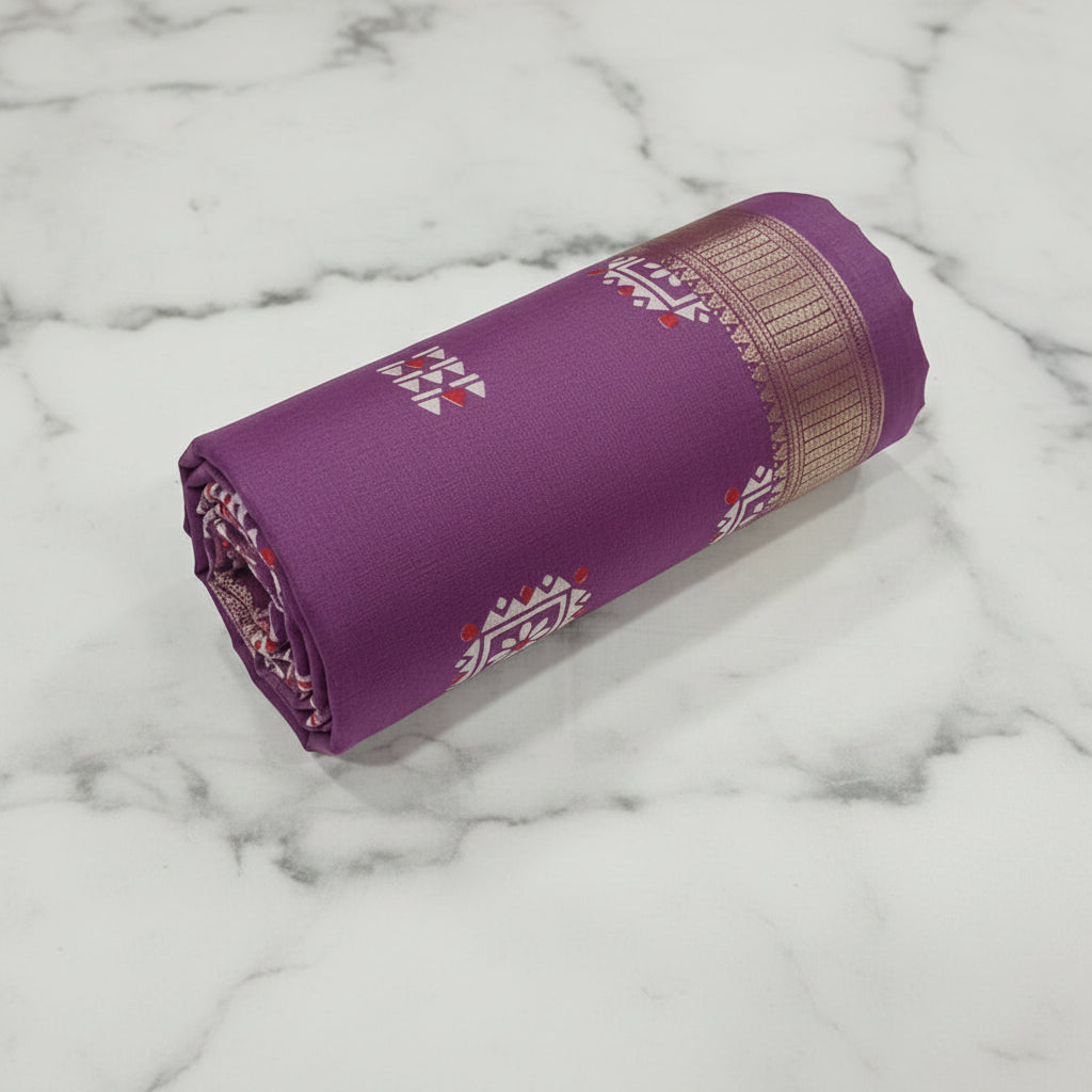 Silk Georgette borderless saree with Printed Buttas ,flowy drape elegant light weight Silk blend saree in Purple Color