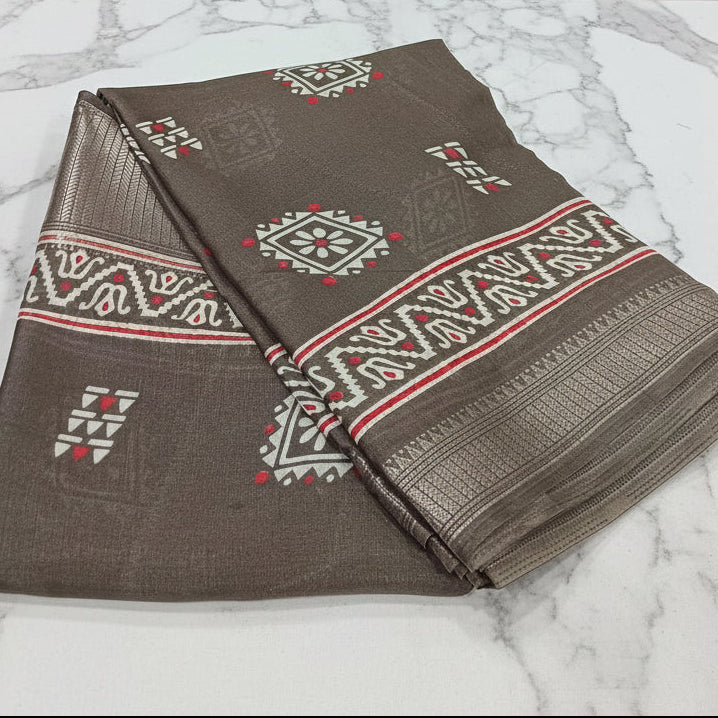 Silk Georgette borderless saree with Printed Buttas ,flowy drape elegant light weight Silk blend saree in Brownish Green Color