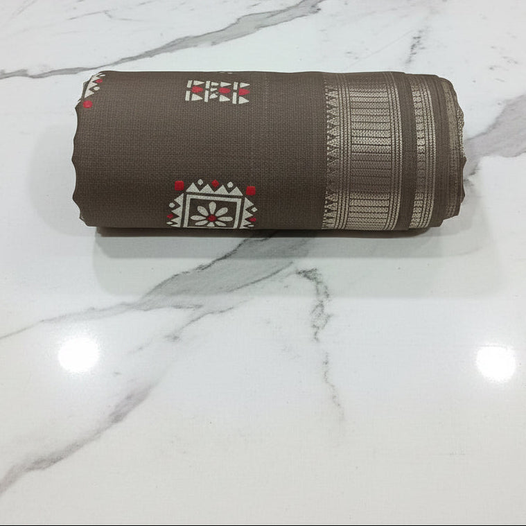 Silk Georgette borderless saree with Printed Buttas ,flowy drape elegant light weight Silk blend saree in Brownish Green Color